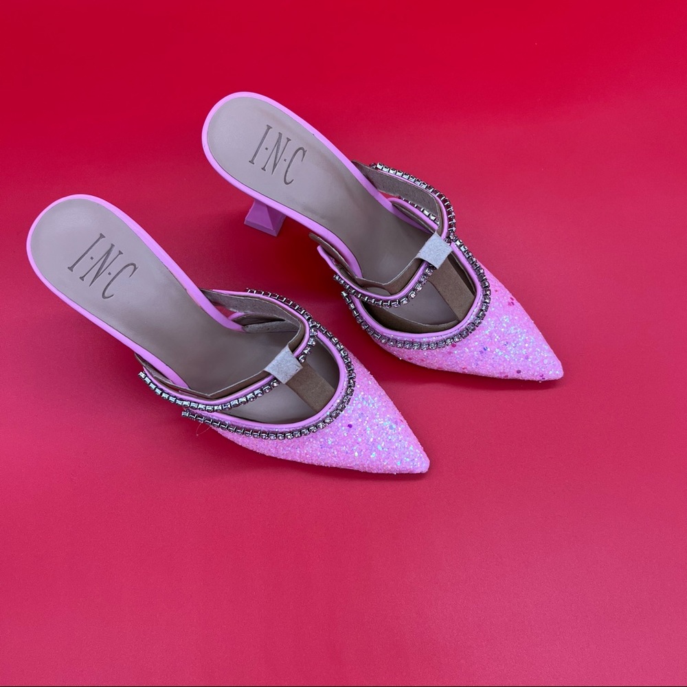 INC International Concepts Gylana Pink Glitter Mule Heels/Rhinestone Straps - Picture 8 of 15